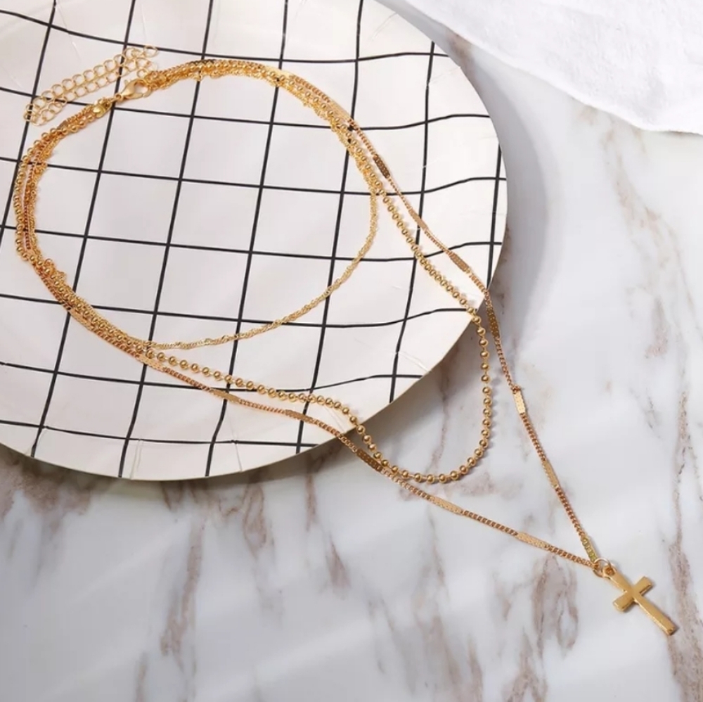 Goldtone Layered Cross Necklace - Picture 7 of 8